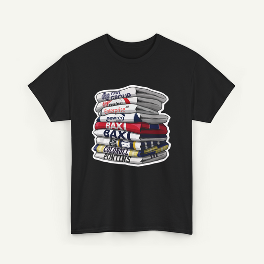 A black t-shirt with a graphic design depicting a stack of books with various colored covers.