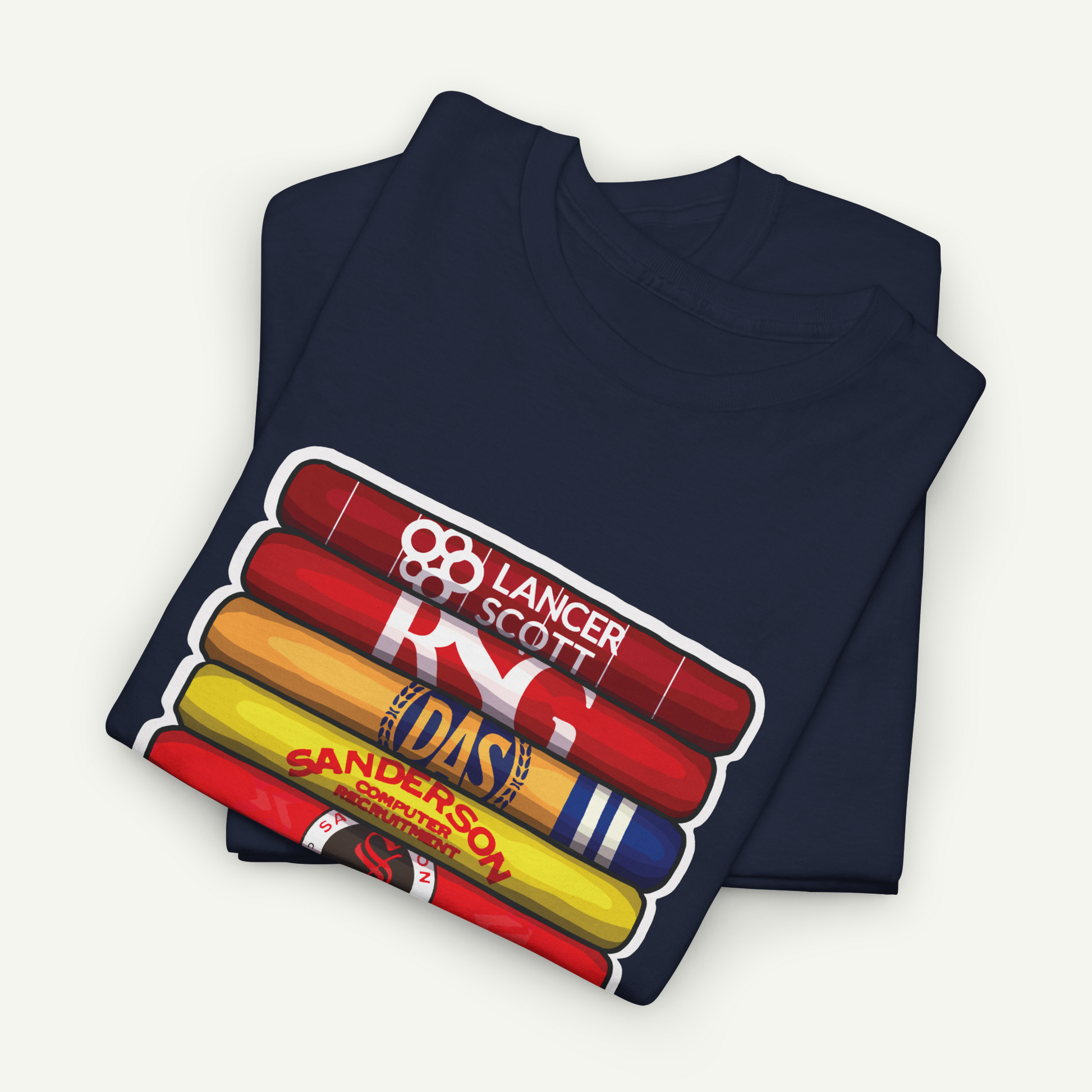 A navy blue t-shirt with a graphic design depicting a stack of colorful bars or tubes, each with a different brand name printed on it.