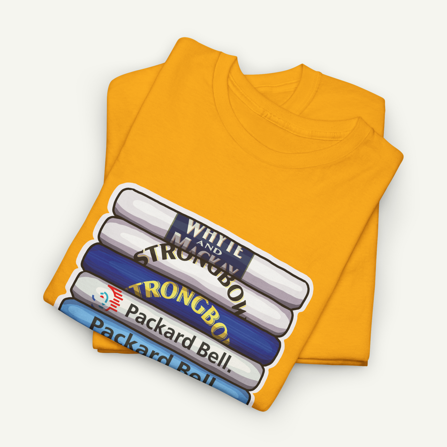 A yellow t-shirt with a graphic design featuring a stack of books with the text "WHITE AND STRONG BOW" printed on them.