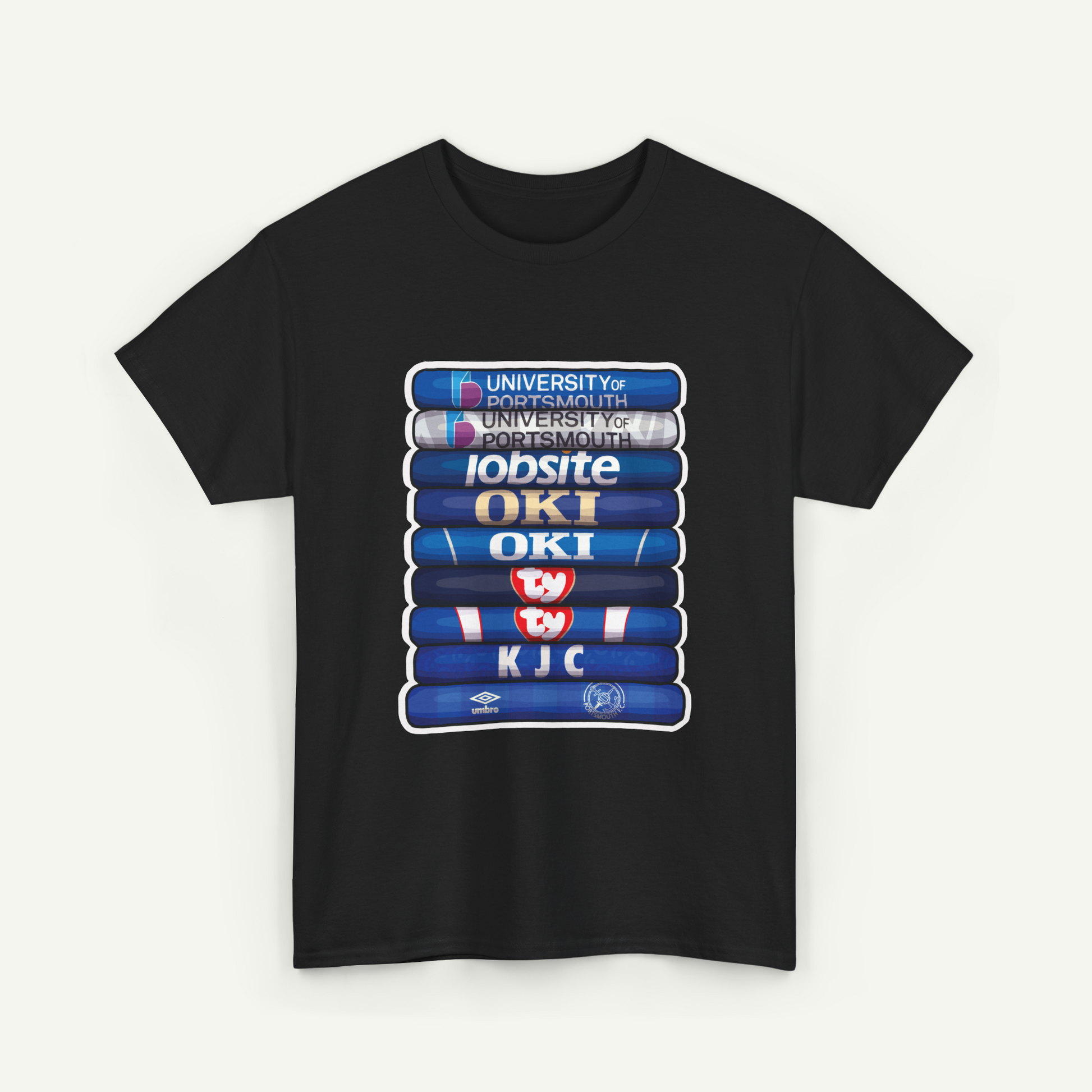 A black t-shirt with a graphic design featuring a stack of blue books with various logos and text on them.