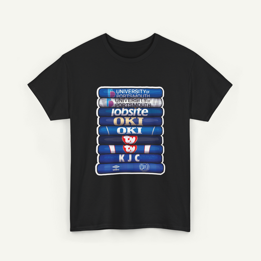 A black t-shirt with a graphic design featuring a stack of blue books with various logos and text on them.