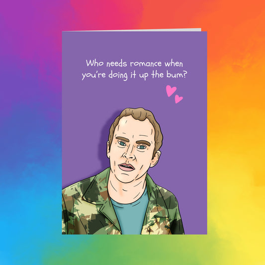 The image is a cartoon of a man with a serious expression, wearing a camouflage jacket, and posing against a colorful background.