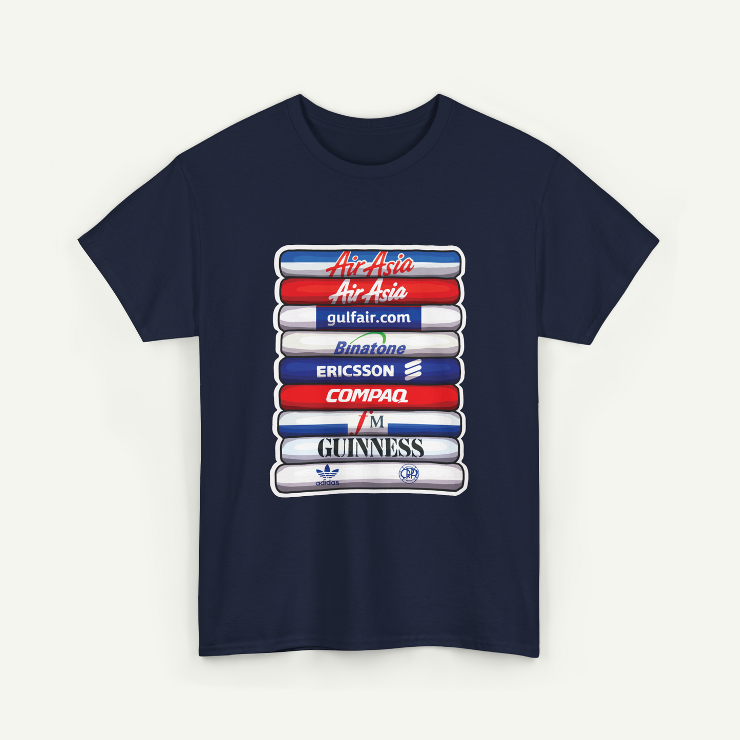 A navy blue t-shirt with a graphic design featuring a stack of logos arranged in a vertical pattern.