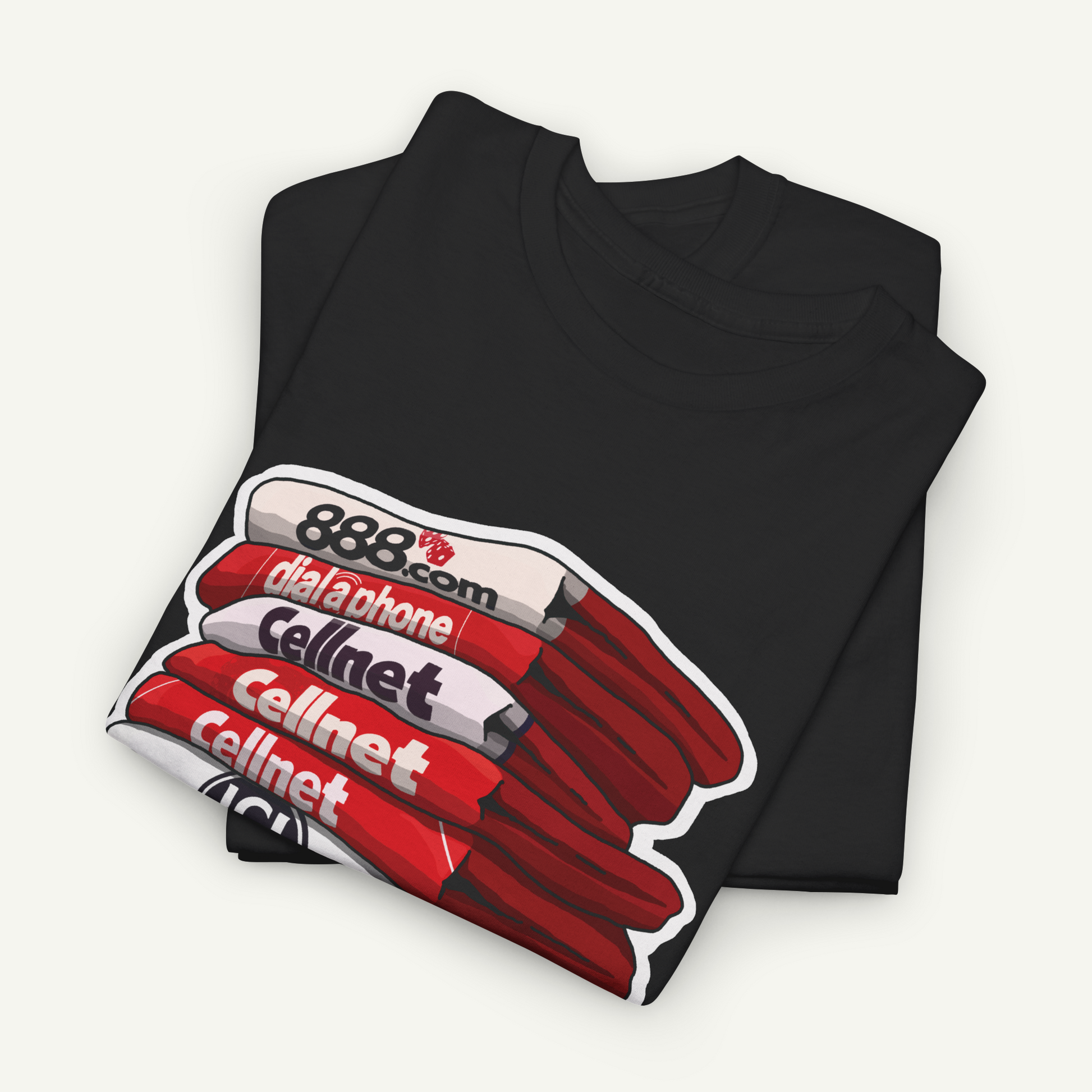 A black t-shirt with a graphic design depicting a stack of red and white books with the text "8888 dialahone Cellnet Cellnet Cellnet" printed on them.