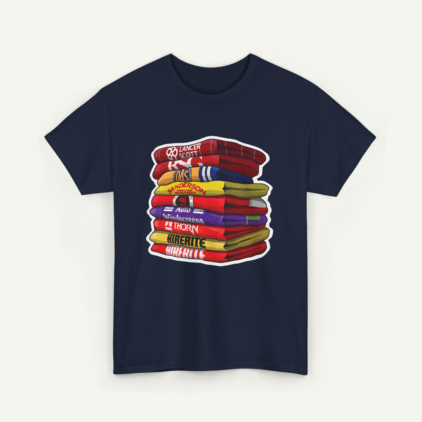 A navy blue t-shirt with a graphic design depicting a stack of colorful towels or blankets.