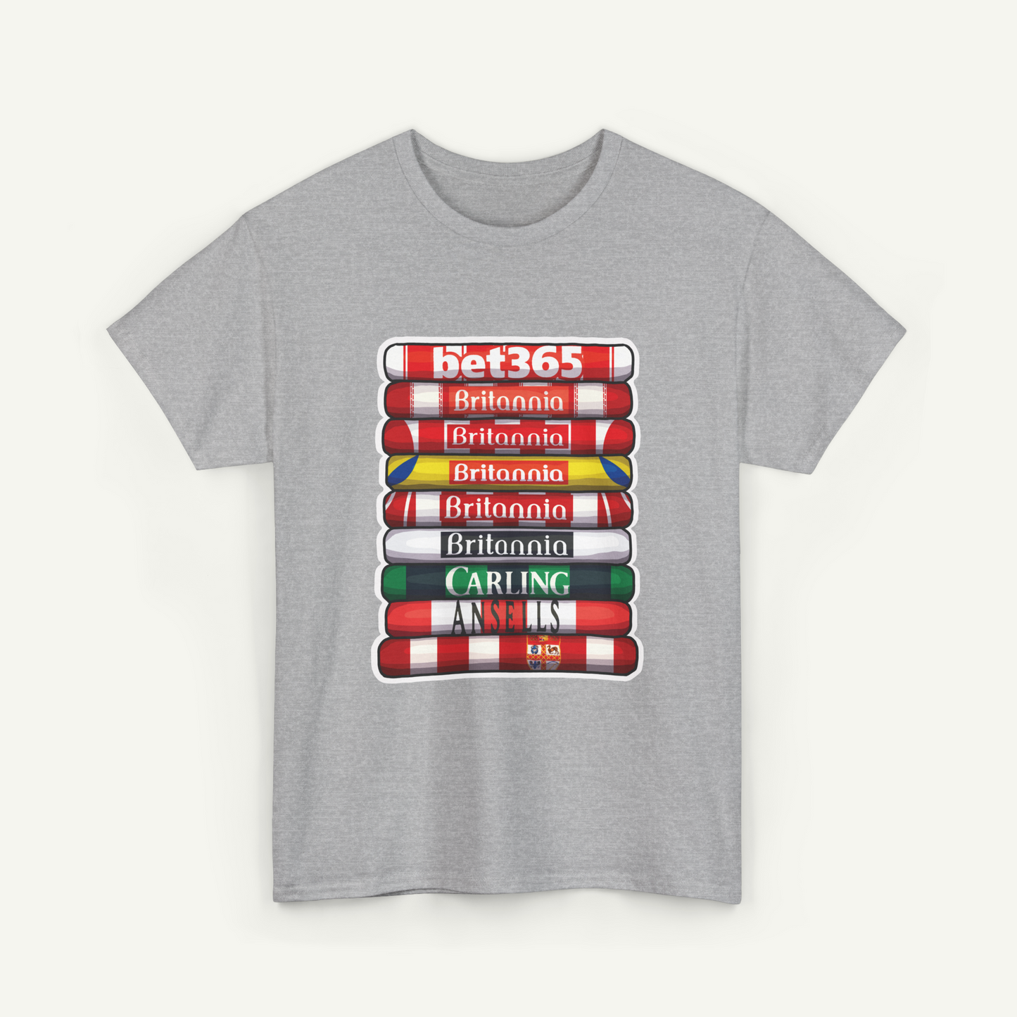 A gray t-shirt with a graphic design depicting a stack of colored tubes or tubes with the text "bet365" written on them.