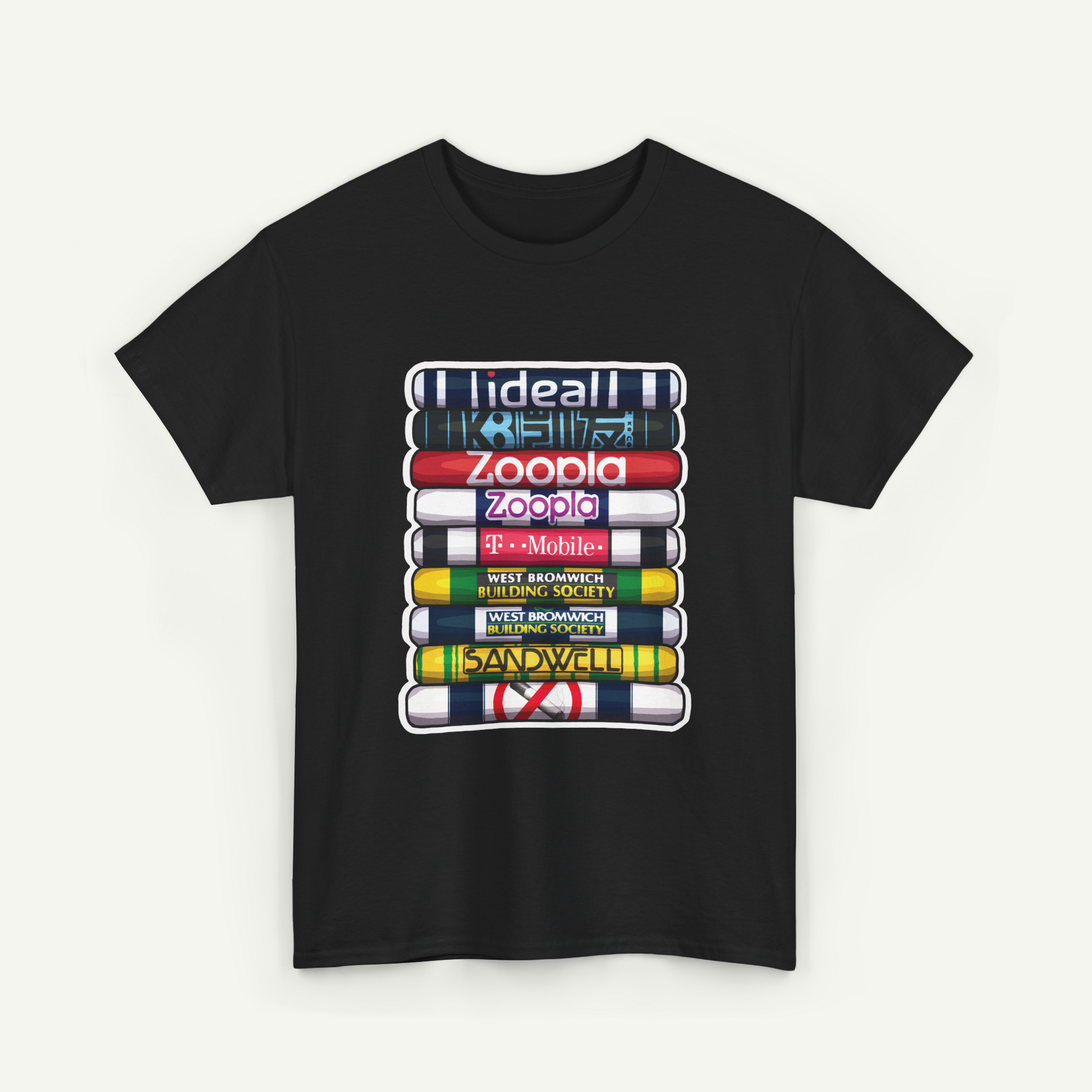 A black t-shirt with a graphic design depicting a stack of colorful tubes or bottles, each representing a different social media platform or brand.