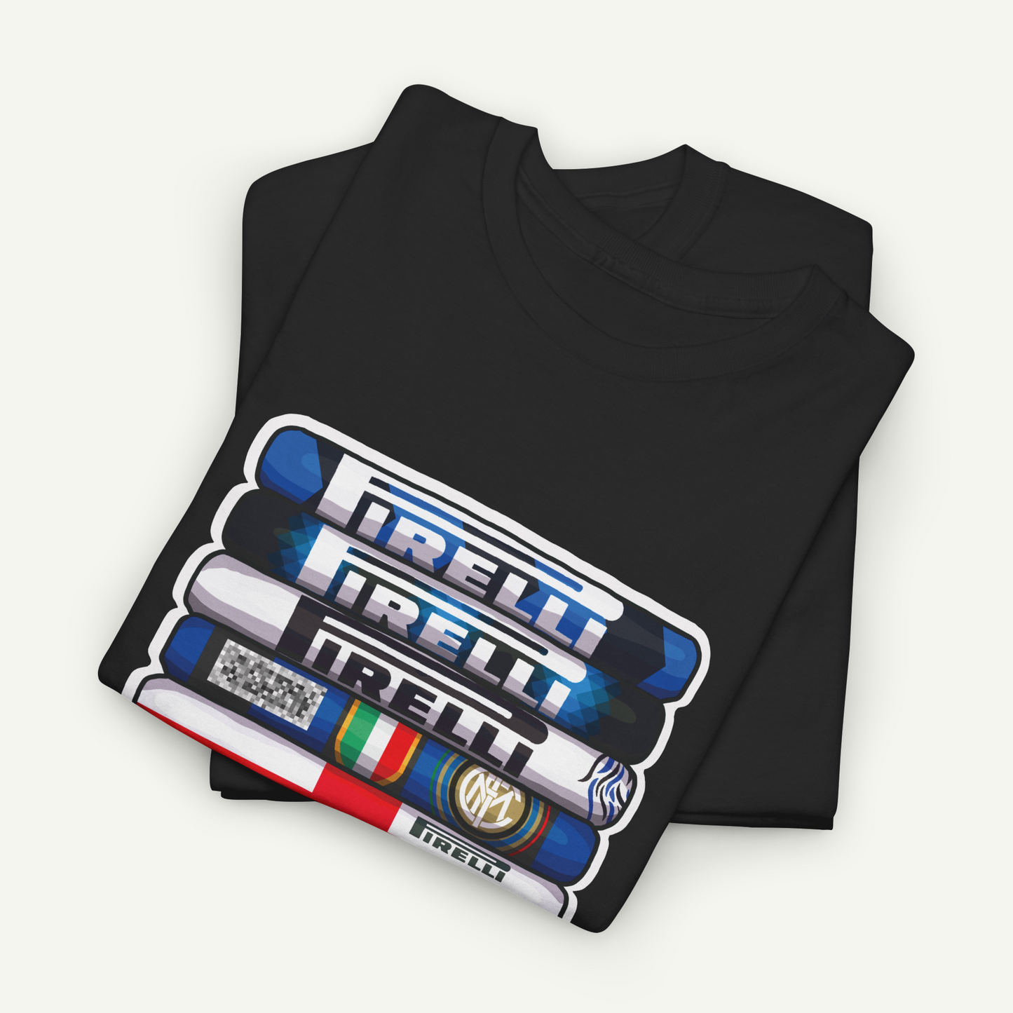 A black t-shirt with a graphic design featuring the text "IRELL" in a stylized font, along with various other logos and symbols.