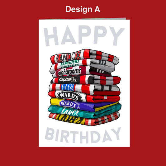 A stack of colorful towels with various text and logos on them, along with the text "Happy Birthday" displayed prominently.