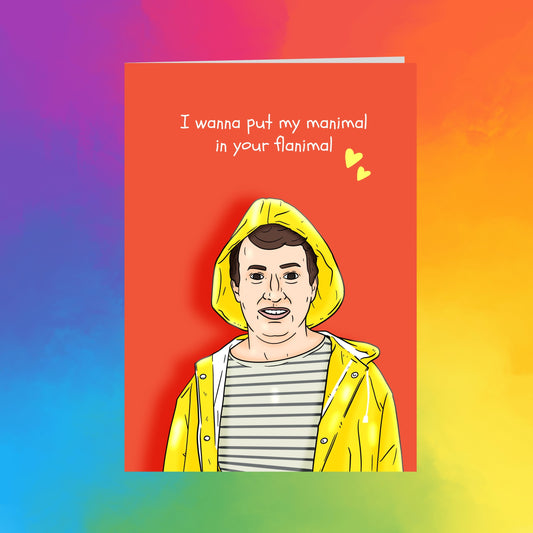 A man wearing a yellow raincoat and striped shirt is depicted in the image.