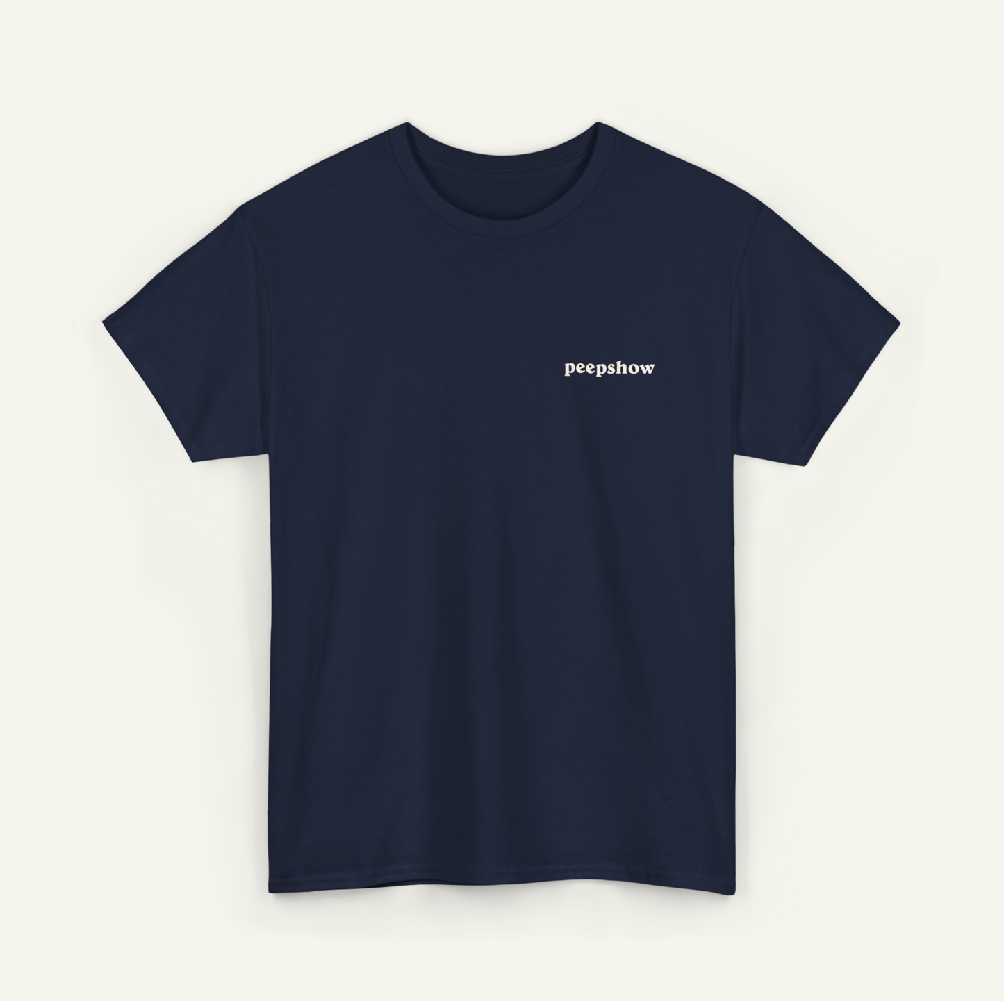A navy blue t-shirt with the text "peepsshow" printed on the left side.