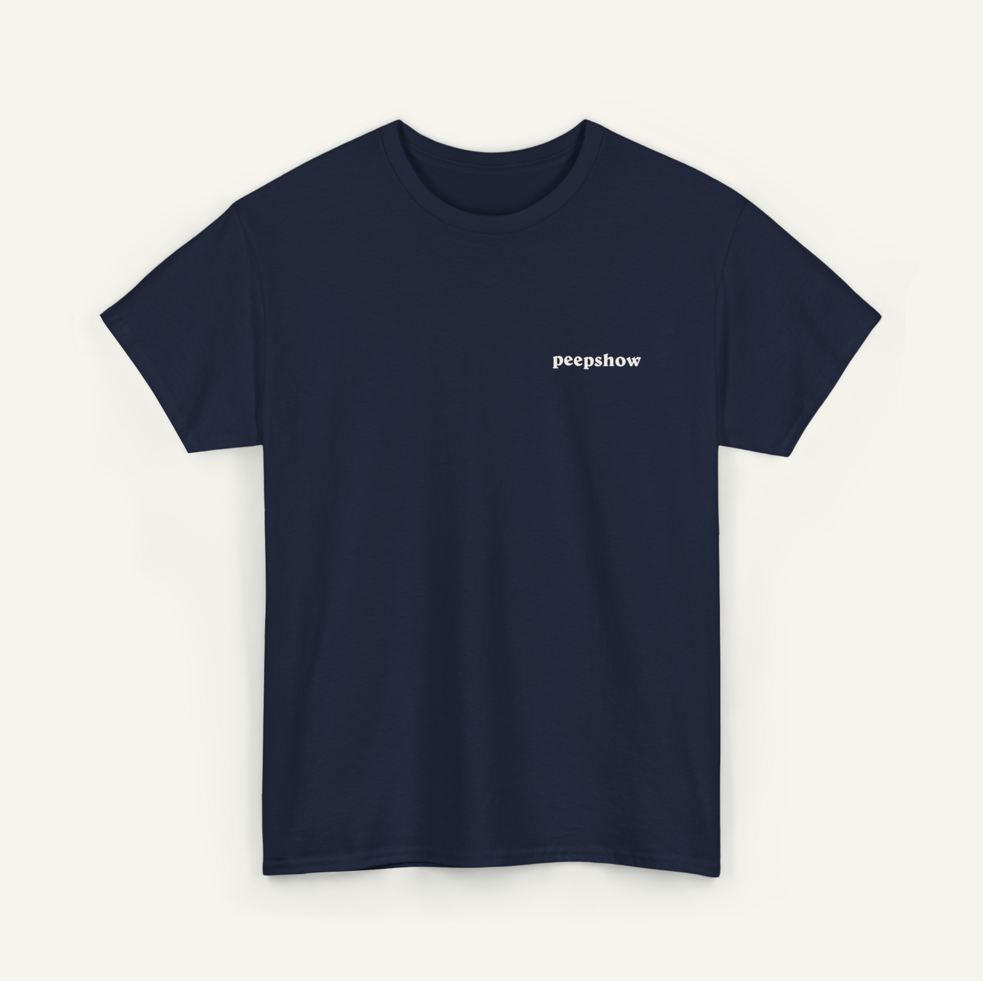 A navy blue t-shirt with the text "peepsshow" printed on the left side.