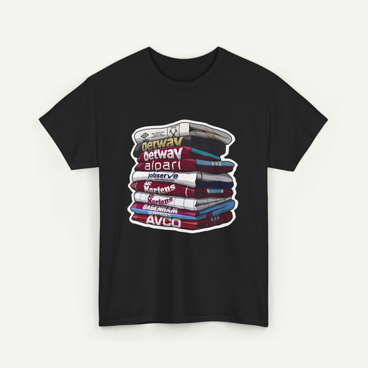 A black t-shirt with a graphic design depicting a stack of books with various text on the spines.