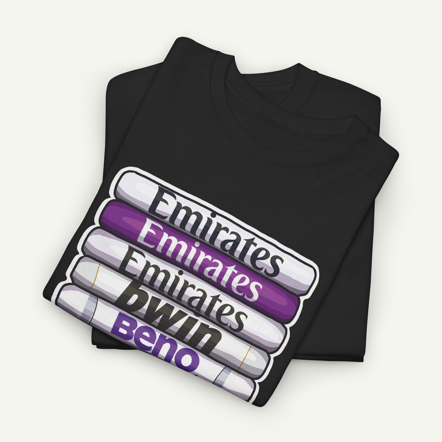A black t-shirt with a graphic design featuring the text "Emirates", "Emirates", "DWIN", and "BENO" in purple and white colors.
