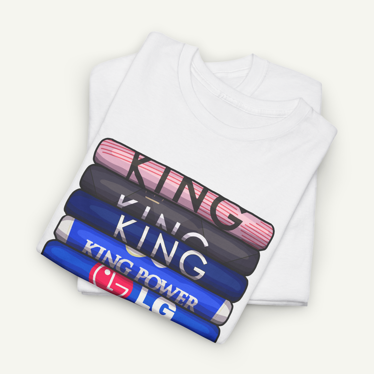 A white t-shirt with the text "KING" printed in a vertical line, followed by "KING POWER" and "LG" in a stacked arrangement.