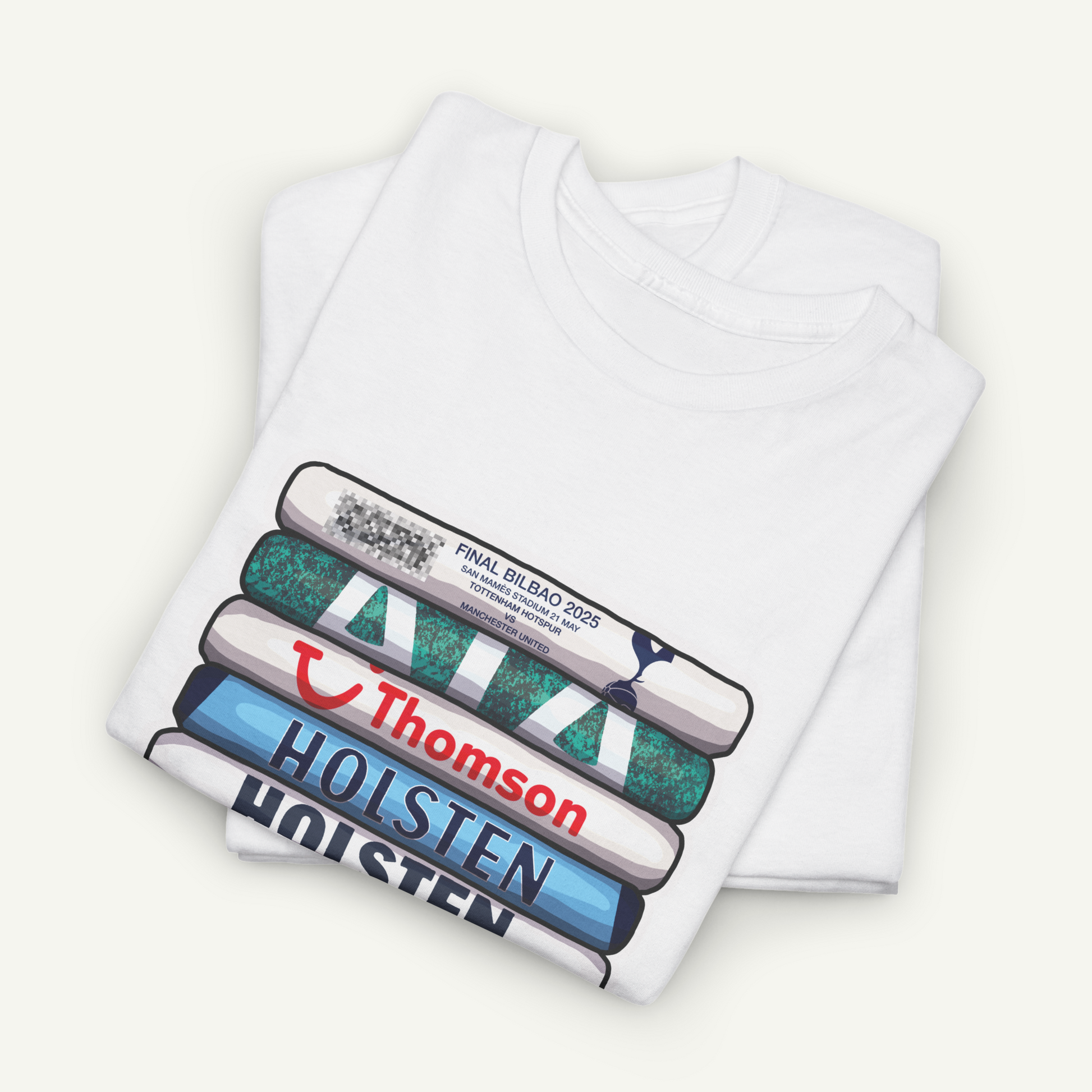A white t-shirt with a graphic design featuring a stack of books with the text "THOMSON HOLSTEN" printed on them.