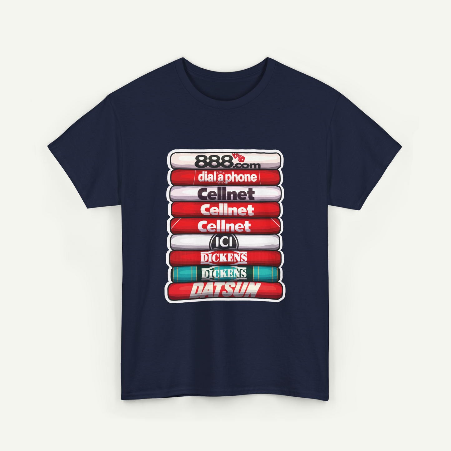 A navy blue t-shirt with a graphic design featuring a stack of colored tubes with text on them.