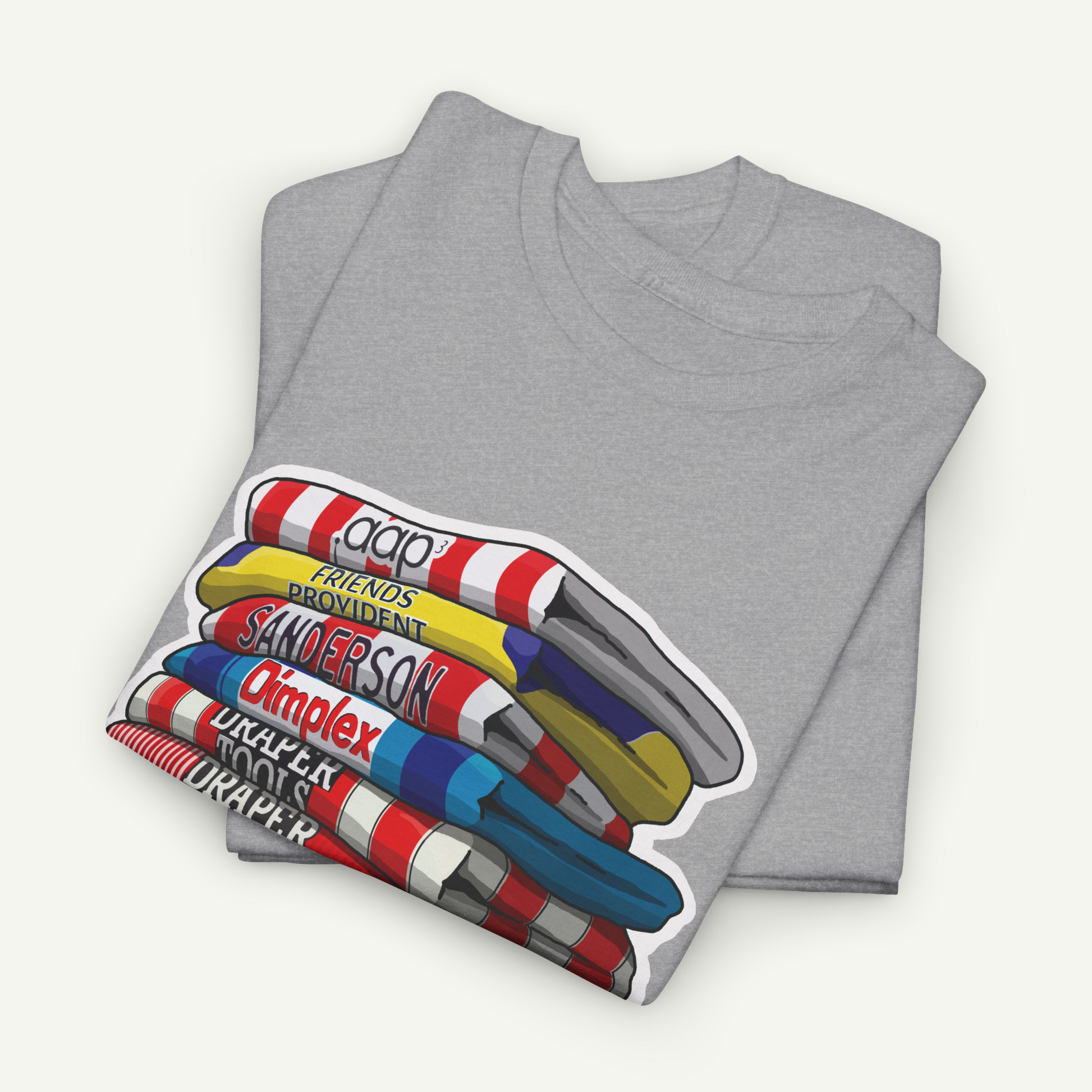 A gray t-shirt with a colorful graphic design depicting a stack of various colored pencils or markers.