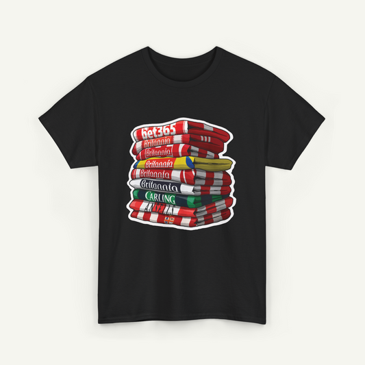 A black t-shirt with a graphic design depicting a stack of books or magazines with various colored covers.