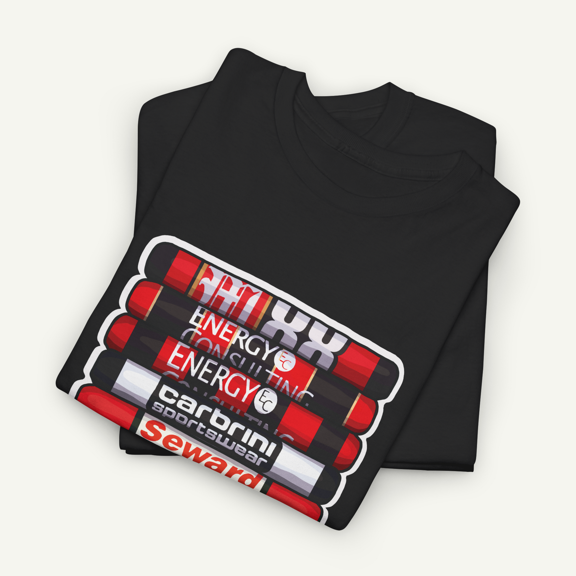 A black t-shirt with a graphic design featuring a stack of red and white tubes with the text "CARBINI" printed on them.