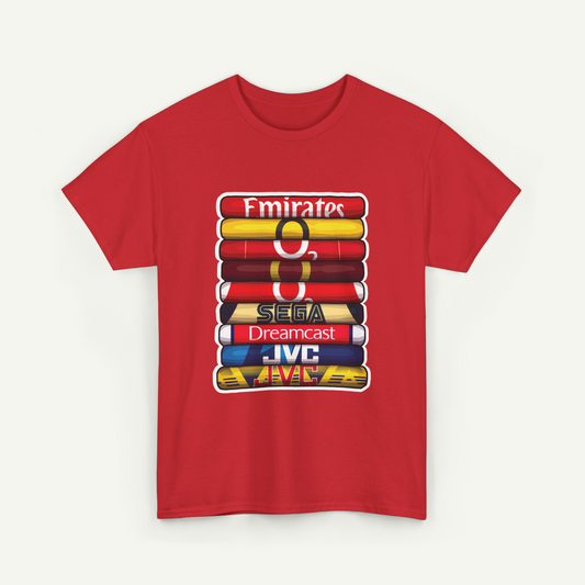 A red t-shirt with a graphic design featuring a stack of colorful books or magazines, each with a different logo or text on it.