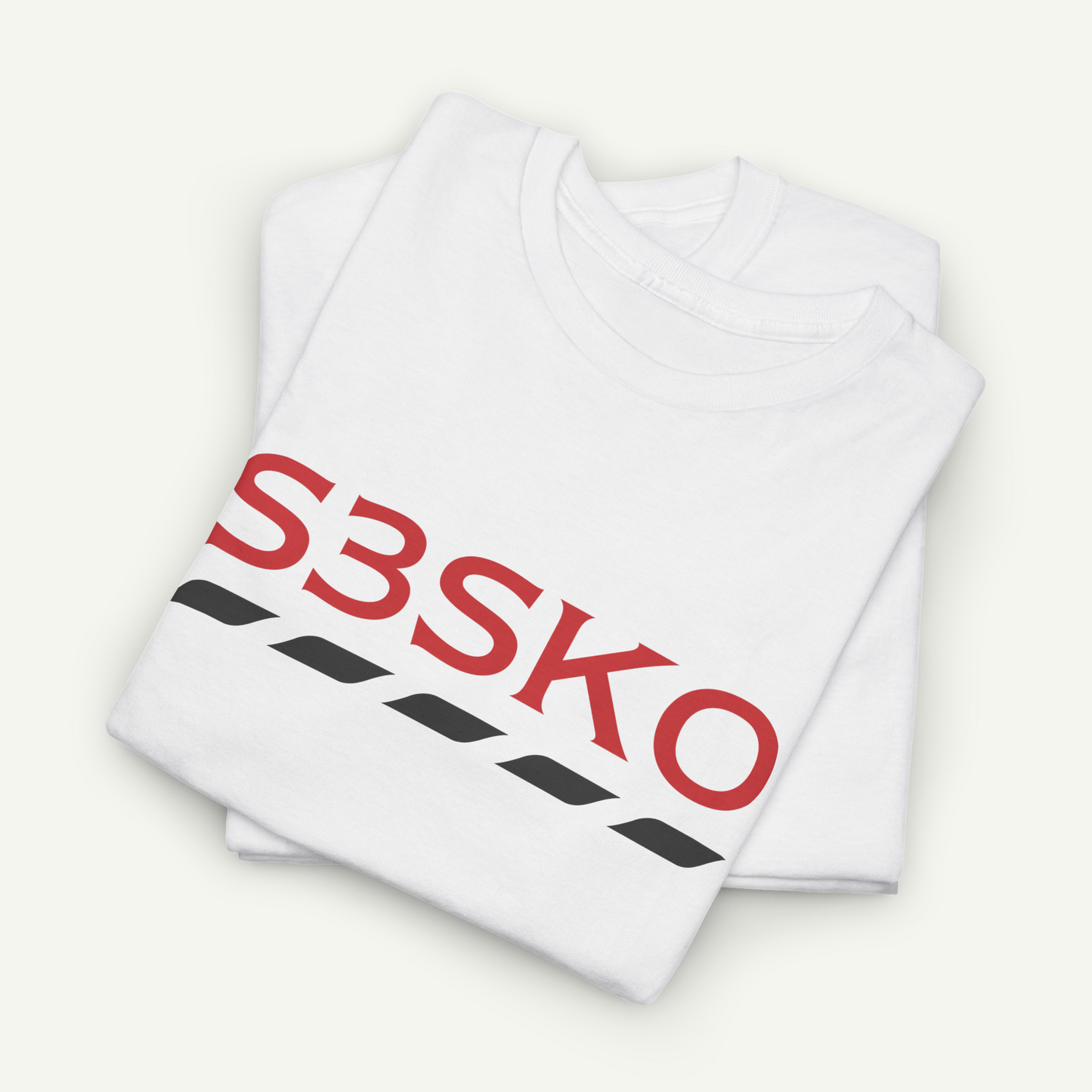 A white t-shirt with the text "S3SKO" printed on it in red and black.