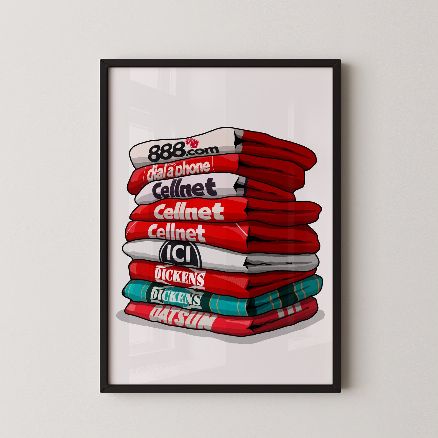 A framed illustration of a stack of red and white towels with the text "88.com diala phone Cellnet" printed on them.
