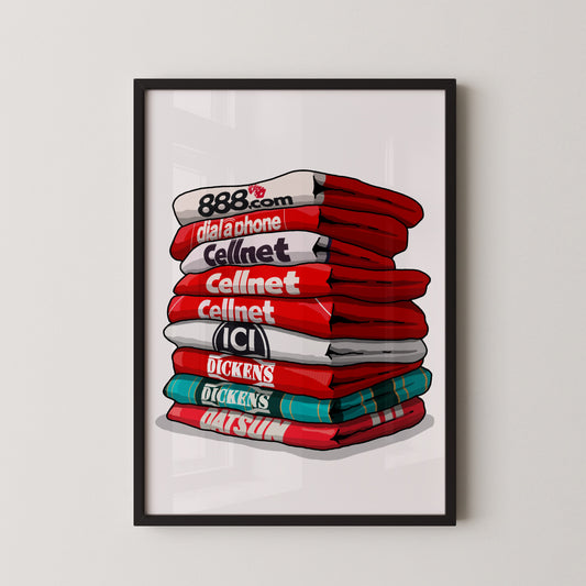 A framed illustration of a stack of red and white towels with the text "88.com diala phone Cellnet" printed on them.