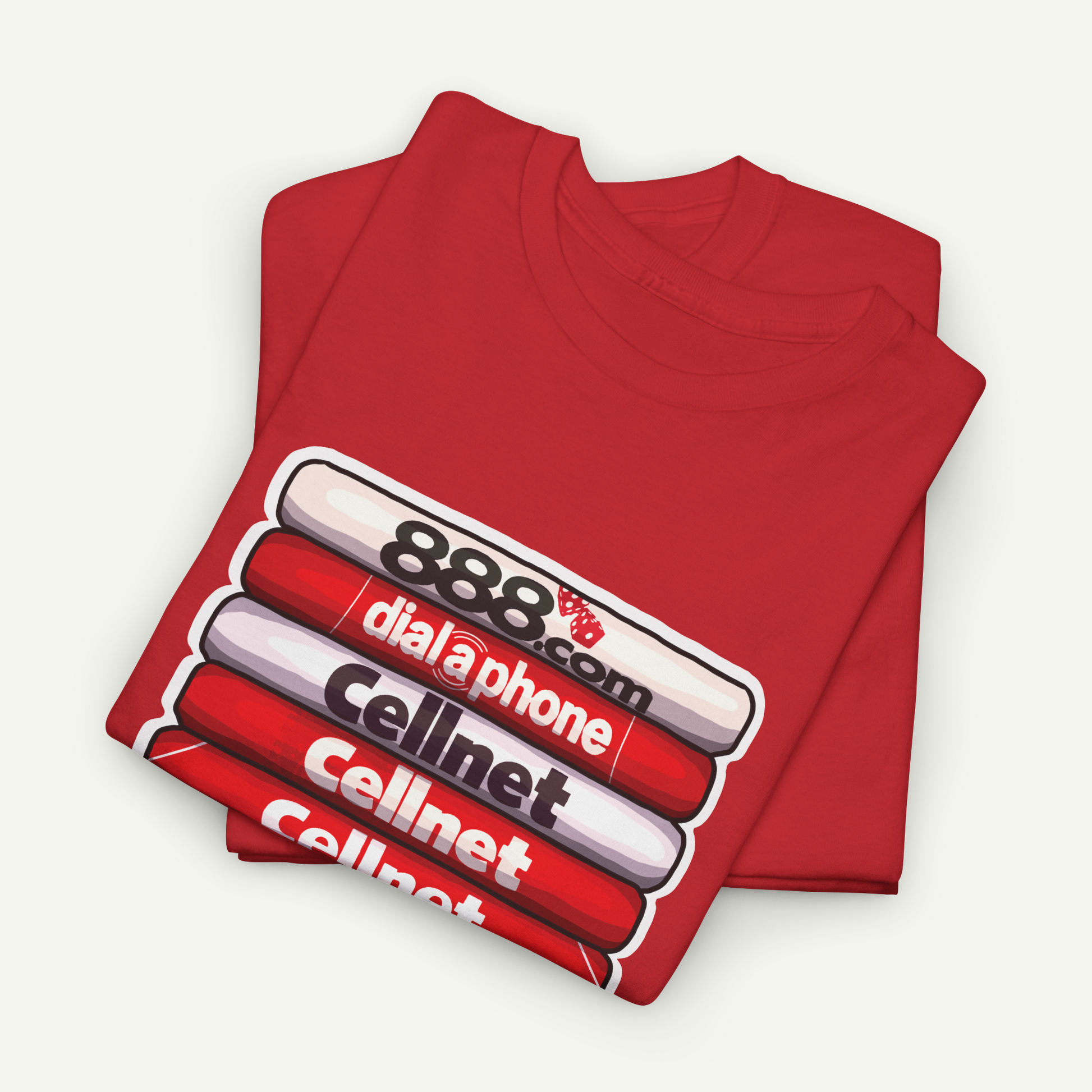 A red t-shirt with a graphic design featuring a stack of red and white books with the text "888 dial-a-phone" printed on them.
