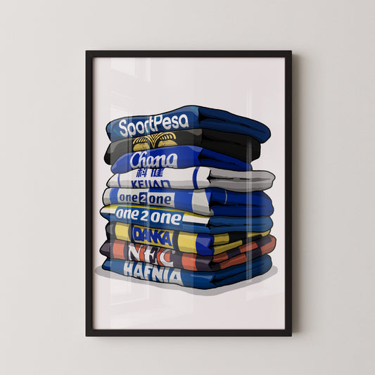 A framed illustration of a stack of various colored shirts, with the text "SportPesa", "Chana", "one2one", "one2one", "DANK", "NFC", and "HAFNIA" printed on them.
