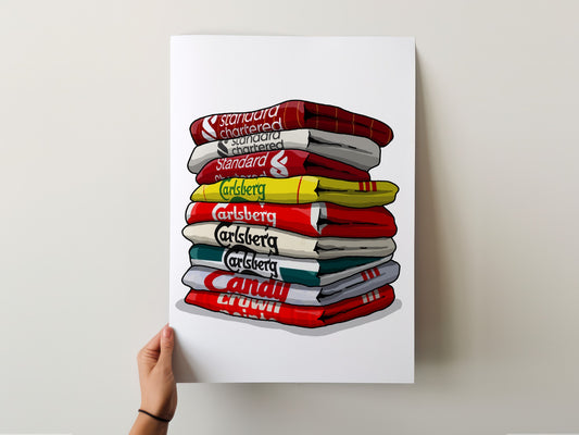 A hand is holding a poster with a stack of towels, each towel displaying the brand name "Carlsberg" in different colors.