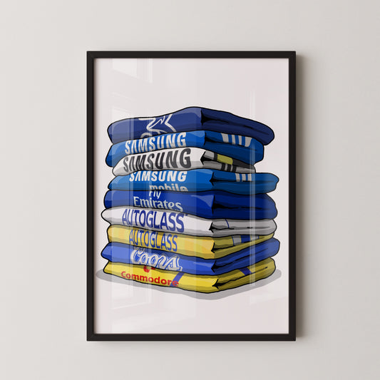 A framed illustration of a stack of blue and yellow towels with the text "SAMSUNG mobile" printed on them.