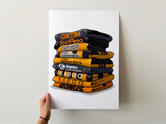 A hand is holding a poster with a stack of various colored bags, including orange, black, and yellow bags, with text printed on them.