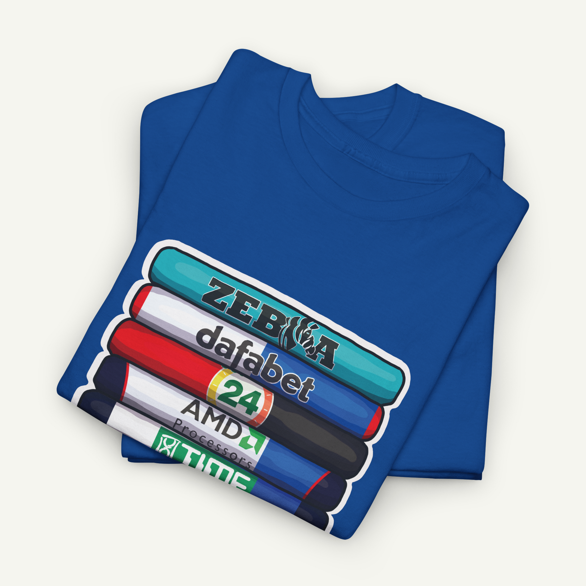 A blue t-shirt with a graphic design featuring a stack of colorful markers or highlighters, each with a different brand name printed on it.