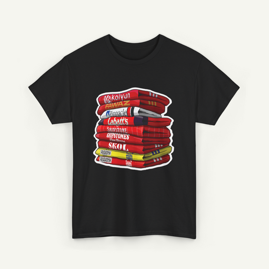 A black t-shirt with a graphic design depicting a stack of red books with white text on the spines.