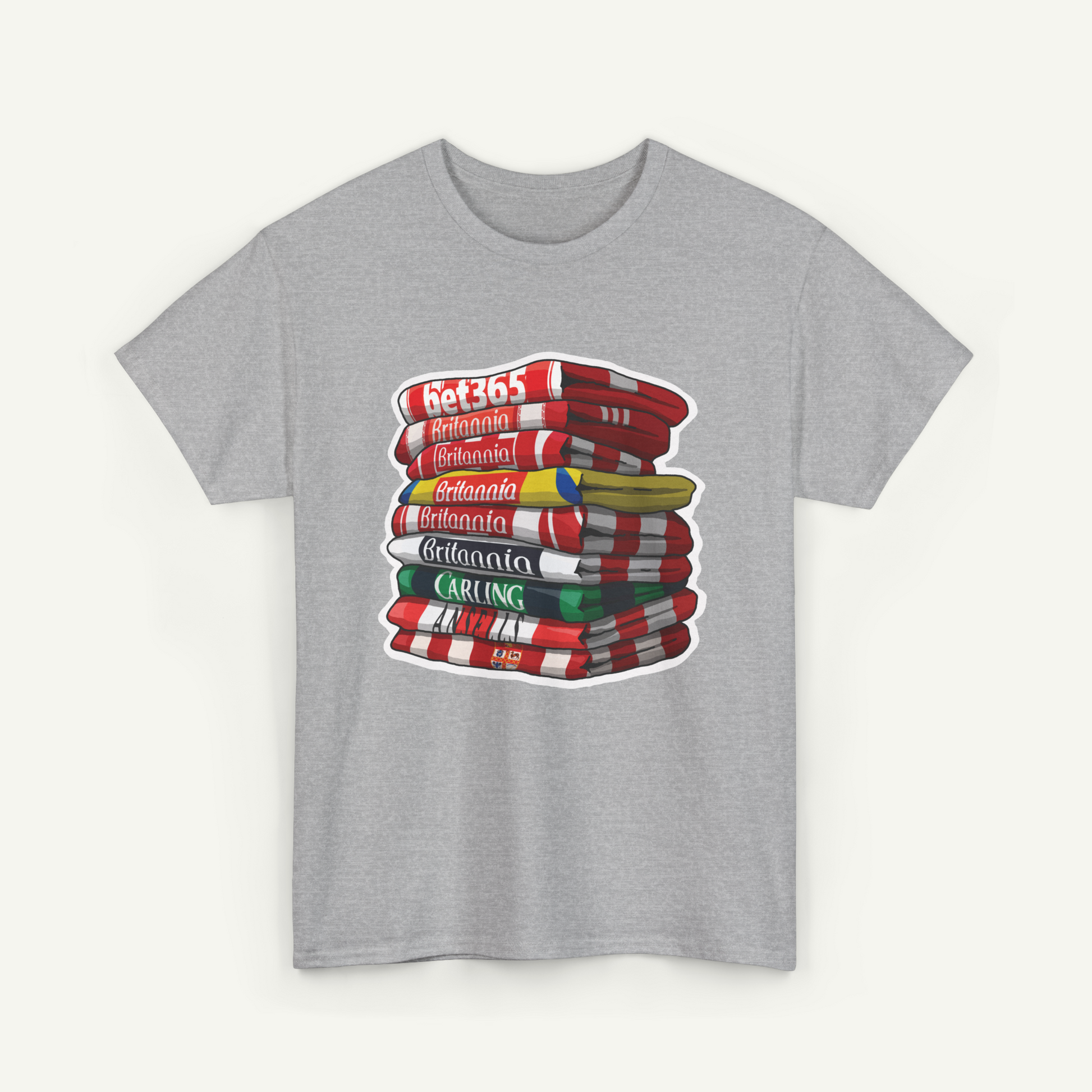 A gray t-shirt with a graphic design depicting a stack of books with various colored covers.
