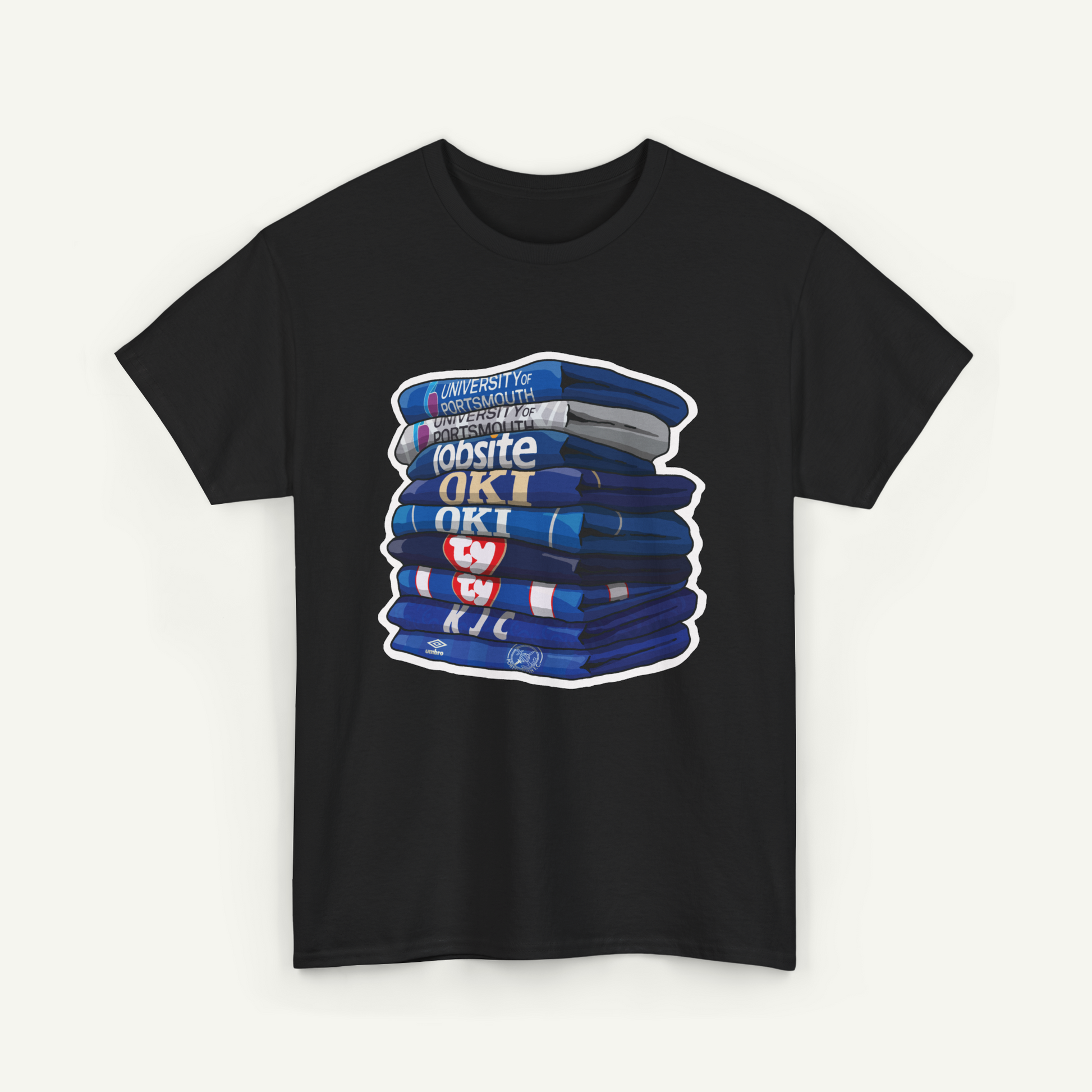 A black t-shirt with a graphic design depicting a stack of blue books or books with a white and red logo on the cover.