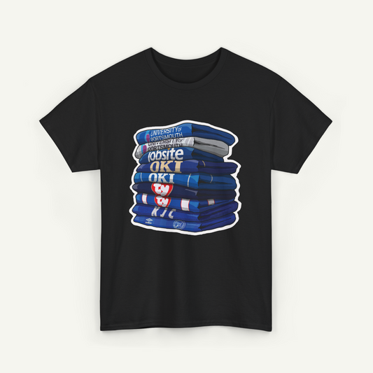 A black t-shirt with a graphic design depicting a stack of blue books or books with a white and red logo on the cover.