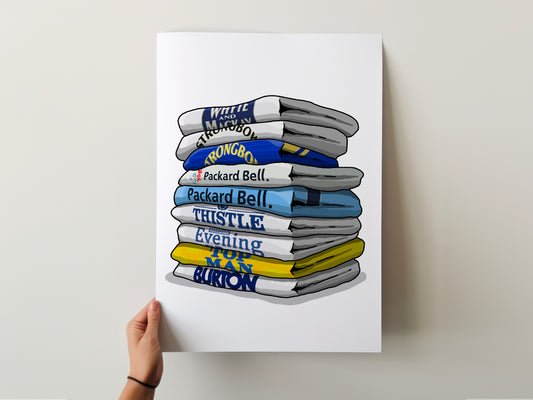 A hand is holding up a poster with a stack of towels, each towel displaying a different brand name.