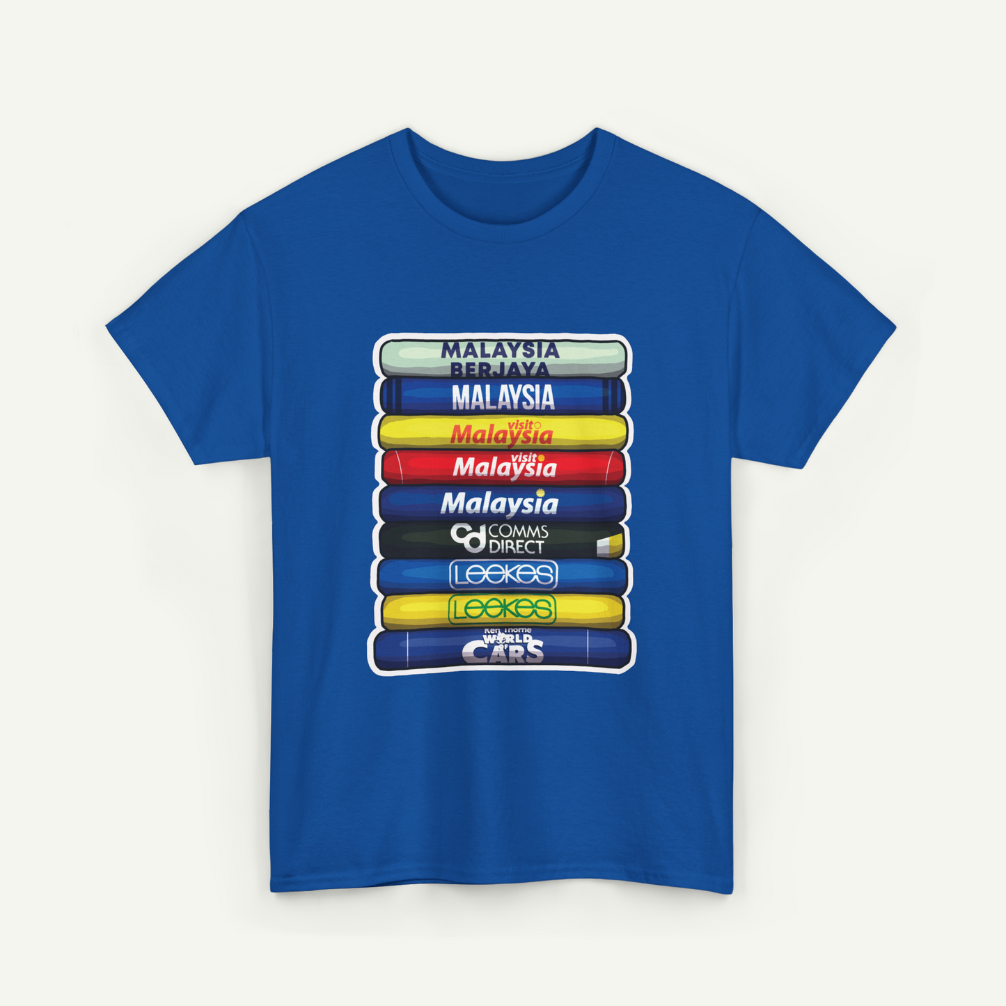 A blue t-shirt with a graphic design depicting the countries of Malaysia in a stacked format, with each country's name written in a different color.