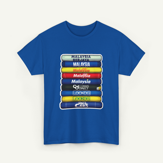 A blue t-shirt with a graphic design depicting the countries of Malaysia in a stacked format, with each country's name written in a different color.