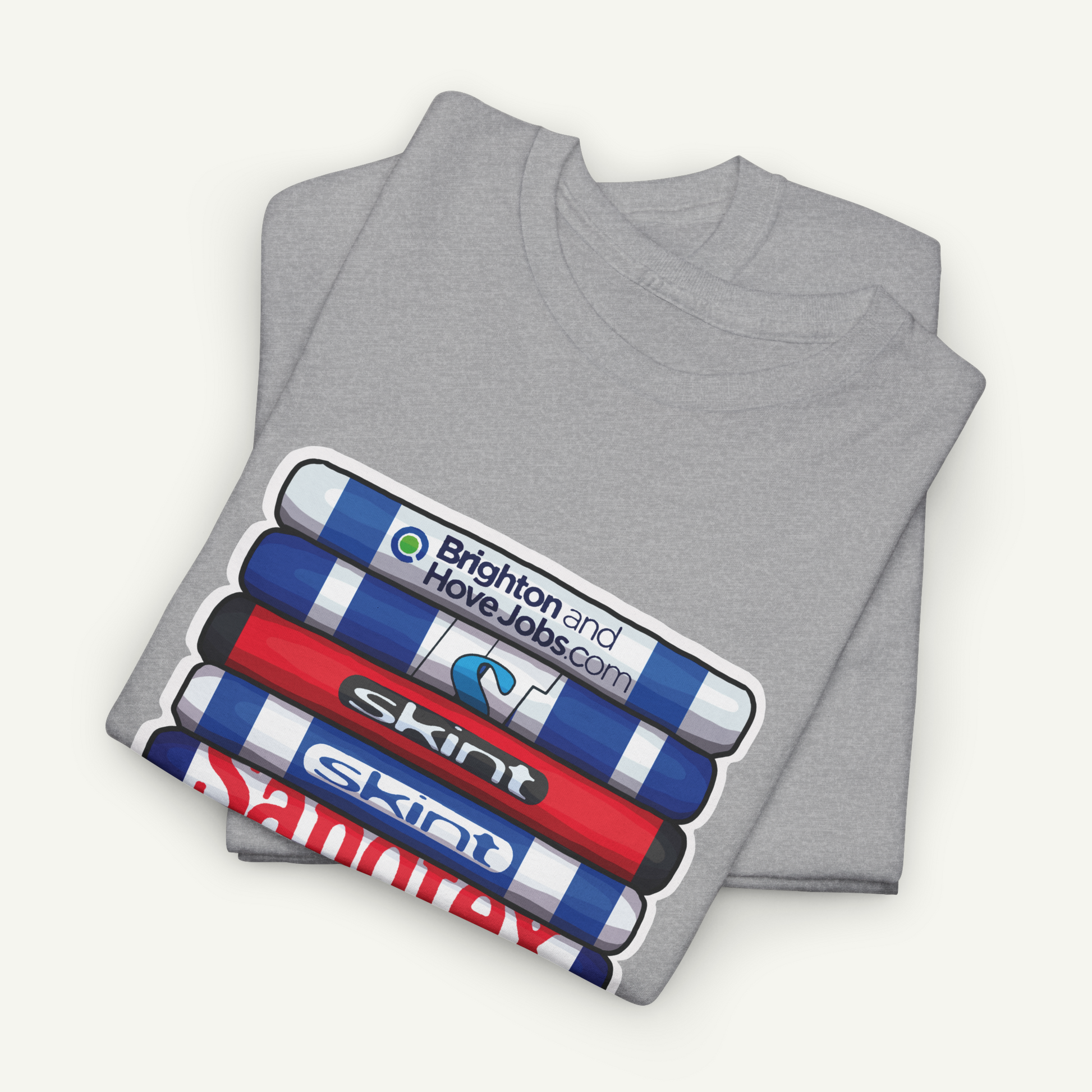 A gray t-shirt with a graphic design featuring a stack of colored pencils with the text "Brighton and HoveJobs.com" printed on them.