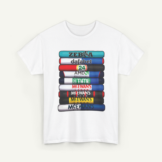 A white t-shirt with a graphic design featuring a stack of colorful bars with various text and logos on them.