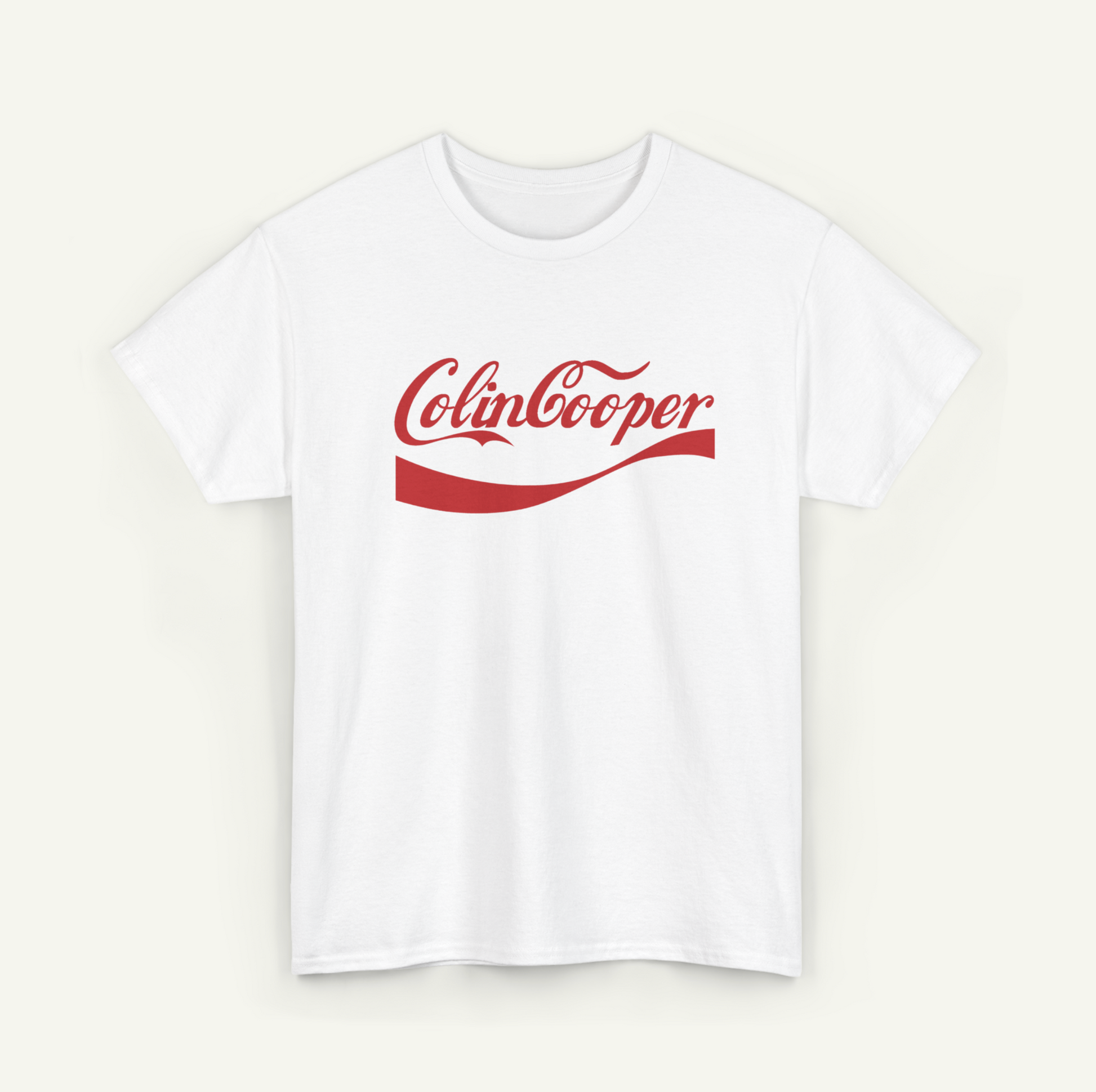 A white t-shirt with a red Coca-Cola logo printed on it.