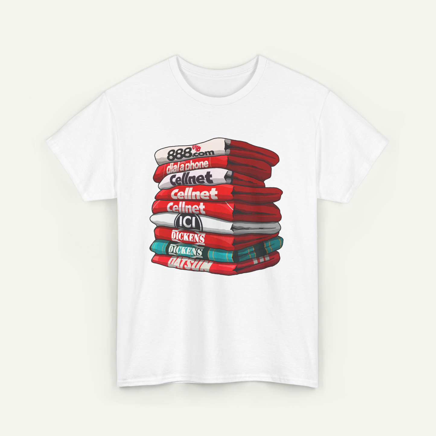A white t-shirt with a graphic design depicting a stack of books or magazines with various titles and text.
