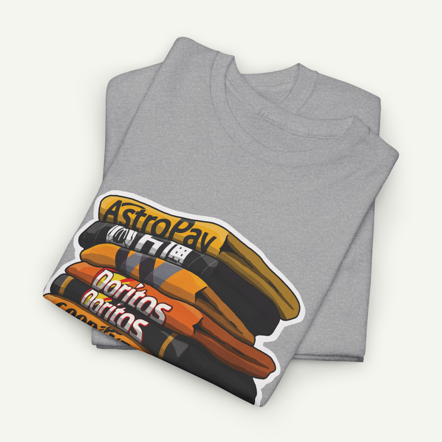 A gray t-shirt with a graphic design depicting a stack of Doritos bags.
