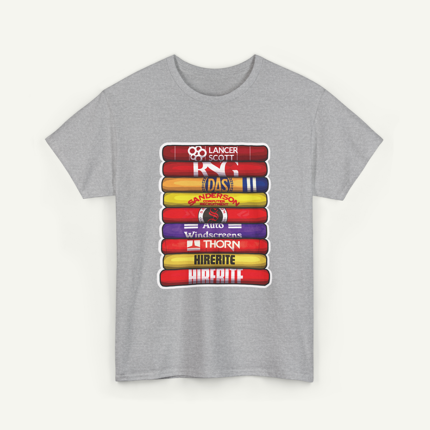 A gray t-shirt with a graphic design featuring a stack of colorful bars with various text and logos on them.