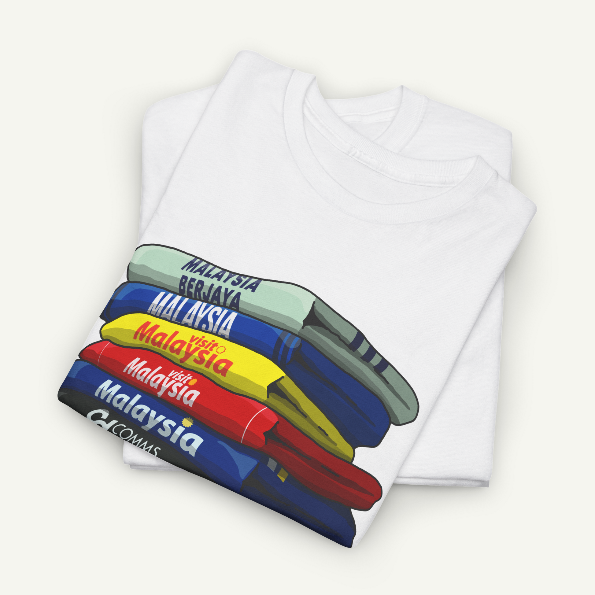 A white t-shirt with a graphic design depicting the countries of Malaysia stacked vertically.