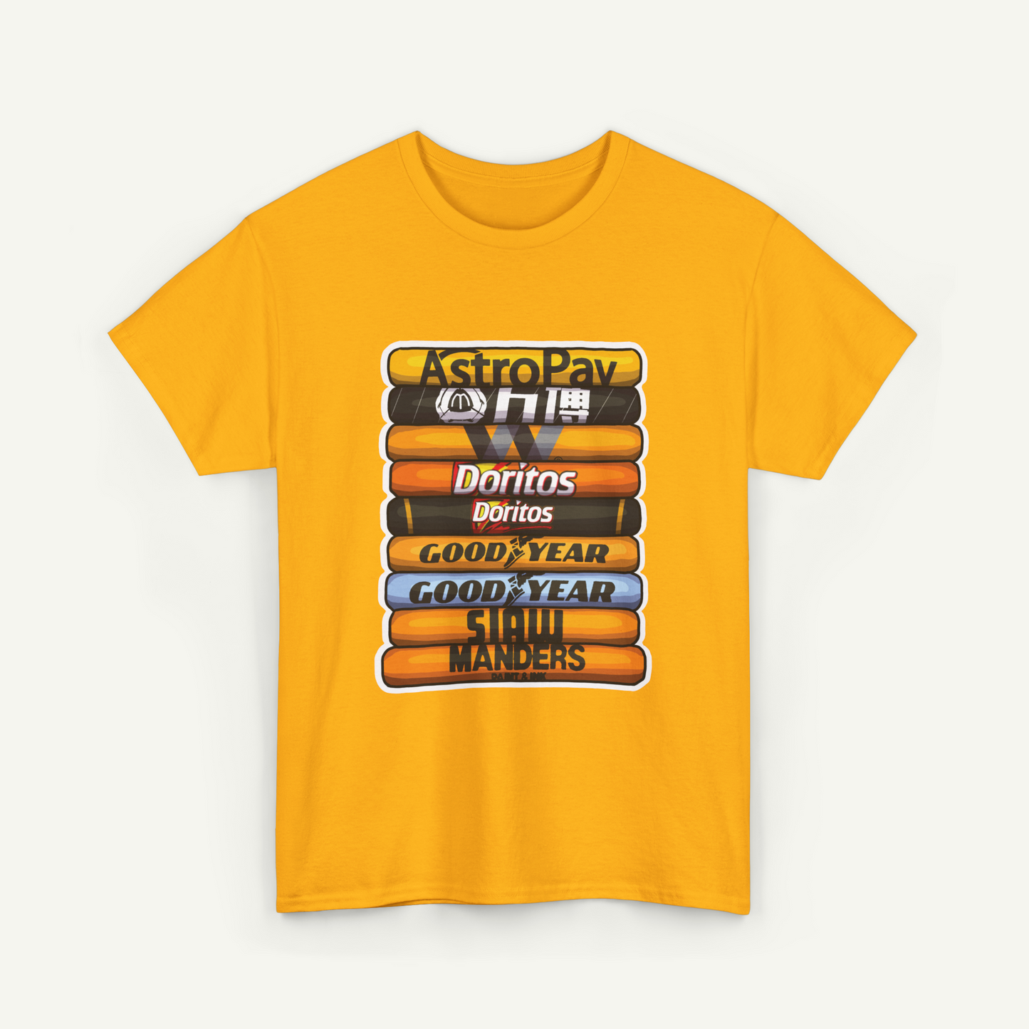 A yellow t-shirt with a graphic design featuring a stack of various snack products, including Doritos, Goodyear, and Sidewalk Manners.