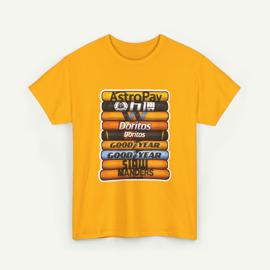 A yellow t-shirt with a graphic design featuring a stack of various snack products, including Doritos, Goodyear, and Sidewalk Manners.